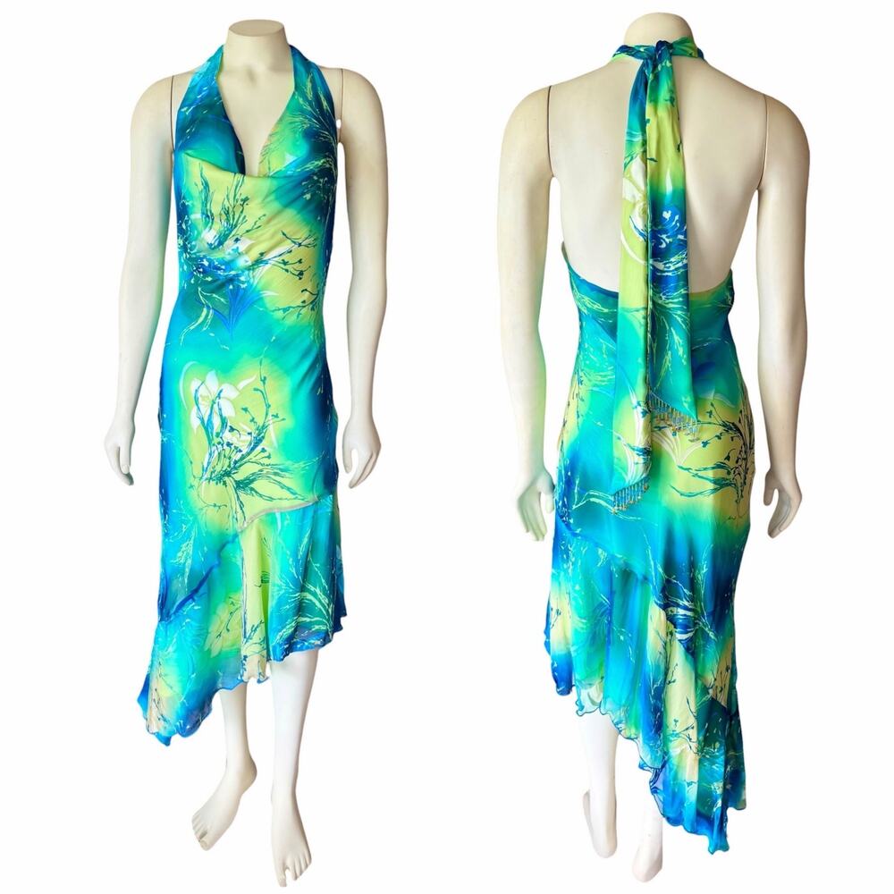 Cache Women's Size 12 Halter Dress Floral Watercolor Asymmetrical Hem Y2K